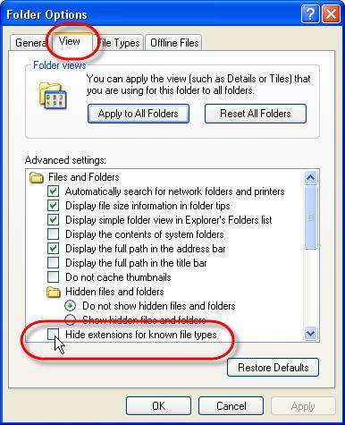 View >> Hide extensions for known file types >> OK